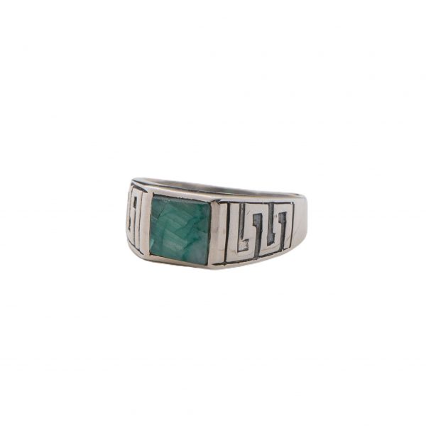 Anello in argento 925 "Linea design" con pietra onice verde e disegno a greca