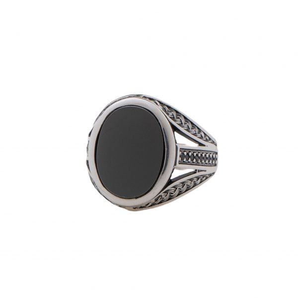 Anello in argento 925 "Linea design" con pietra onice nero e cristalli neri incastonati